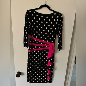 Joseph Ribkoff Black and White Polka Dot Dress with Pink accents; Size 4.